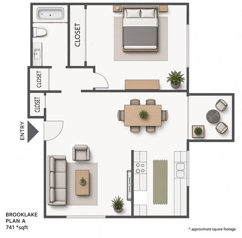Floor plan for 1 bed, 1 bath, 741 sqft